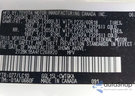 2015 Lexus Rx 350 z USA, uszkodzony, nr VIN 2T2BK1BA4FC268820